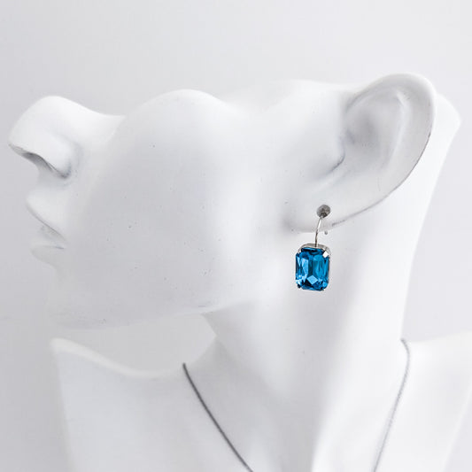 Aqua blue crystal silver emerald cut drop earrings
