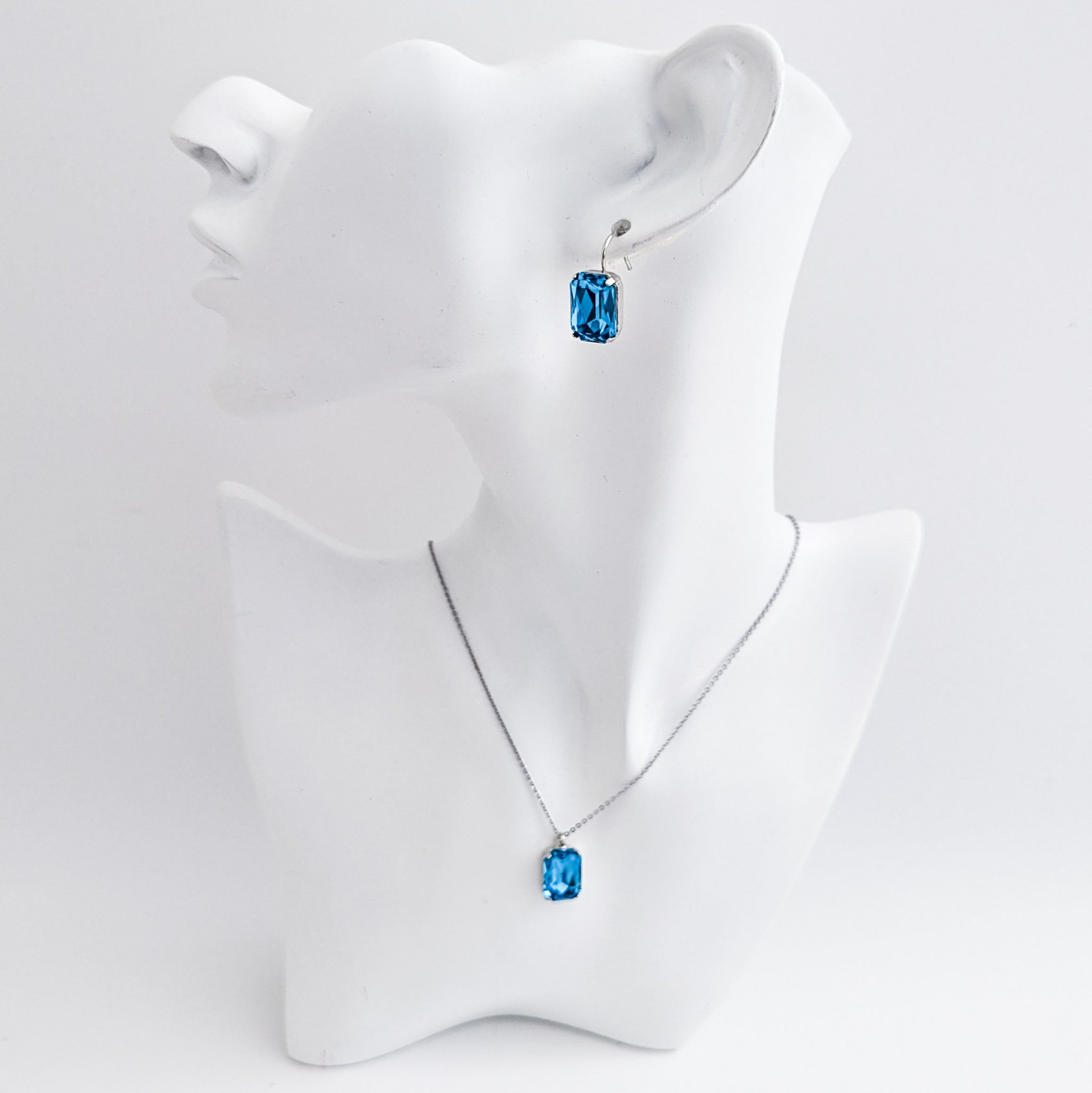Aqua blue crystal silver emerald cut necklace