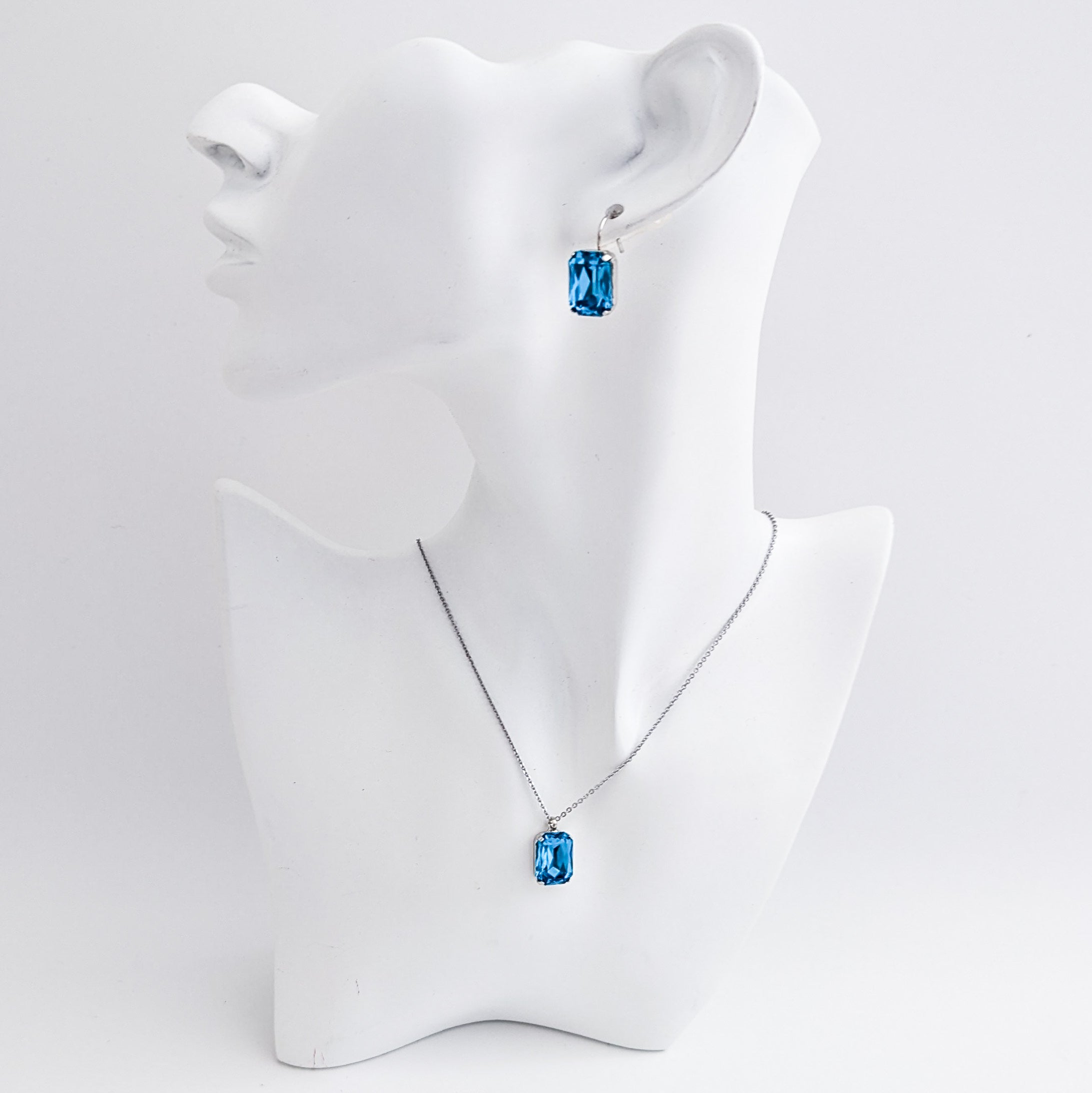 Aqua blue crystal silver emerald cut necklace