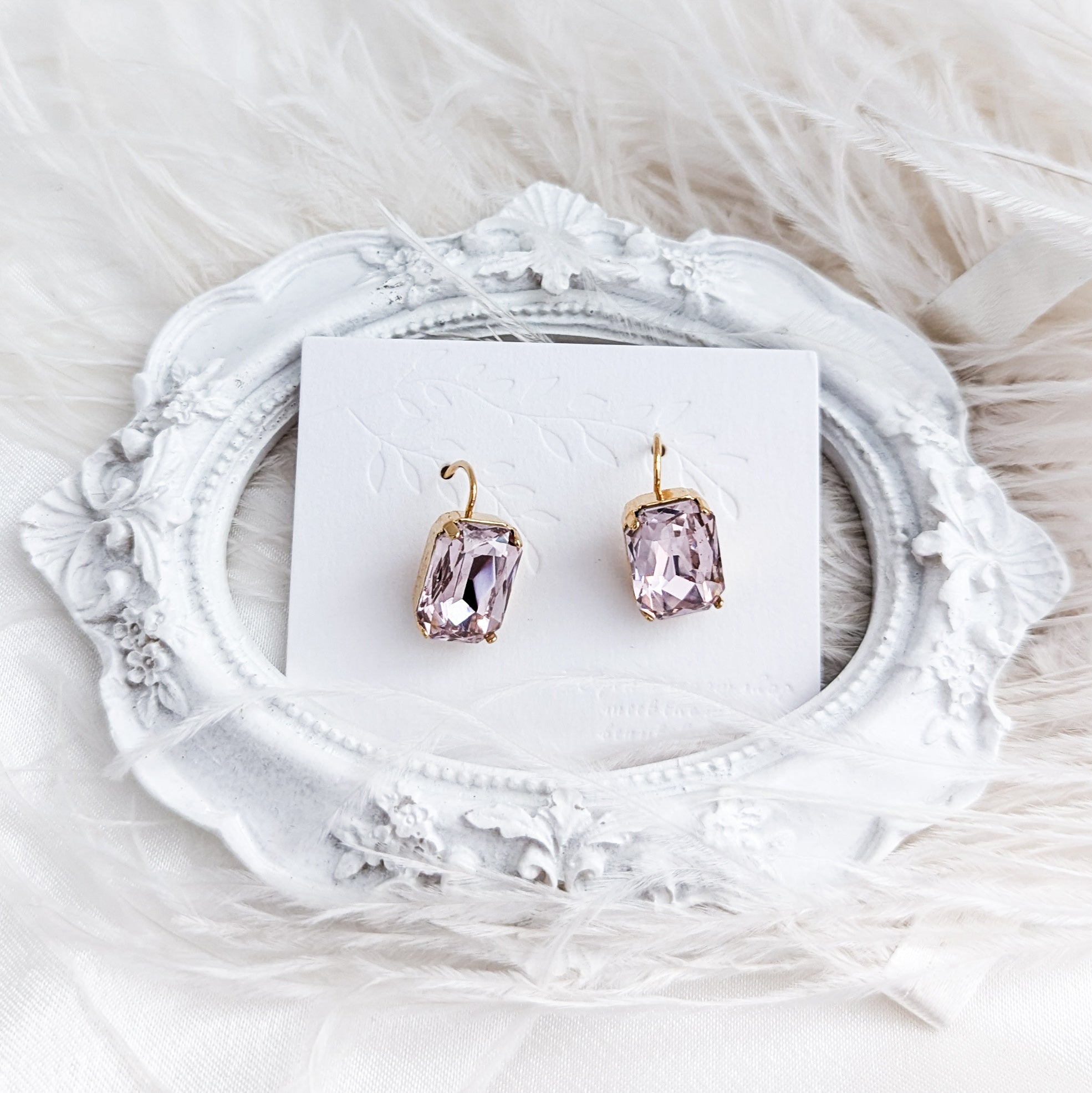 Light pink crystal gold emerald cut drop earrings