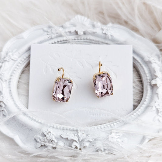 Light pink crystal gold emerald cut drop earrings