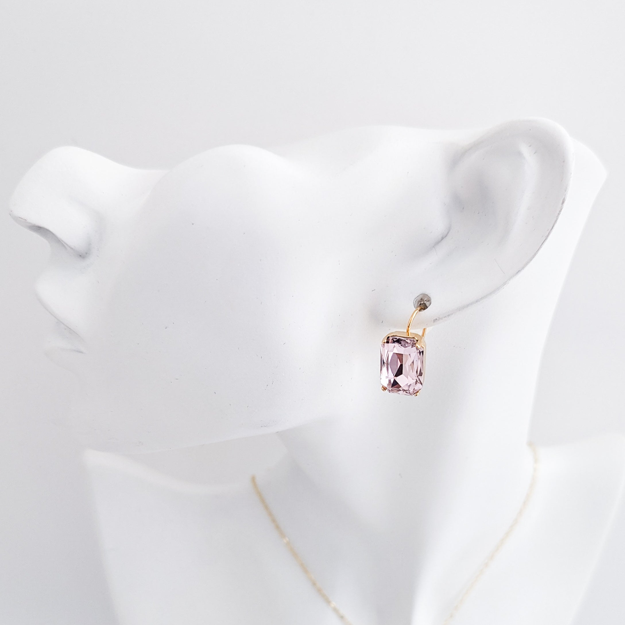 Light pink crystal gold emerald cut drop earrings