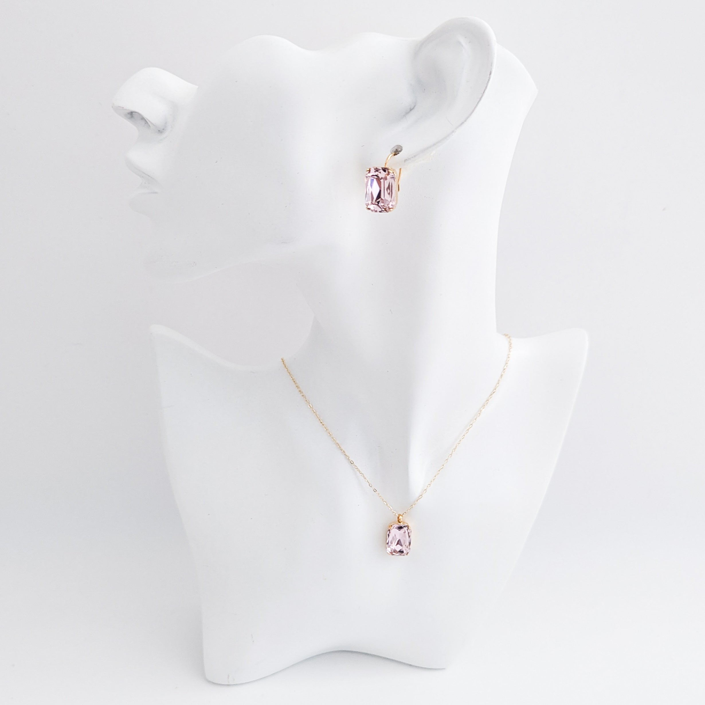 Light pink crystal gold emerald cut drop earrings