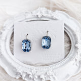 Light dusty blue crystal silver emerald cut drop earrings