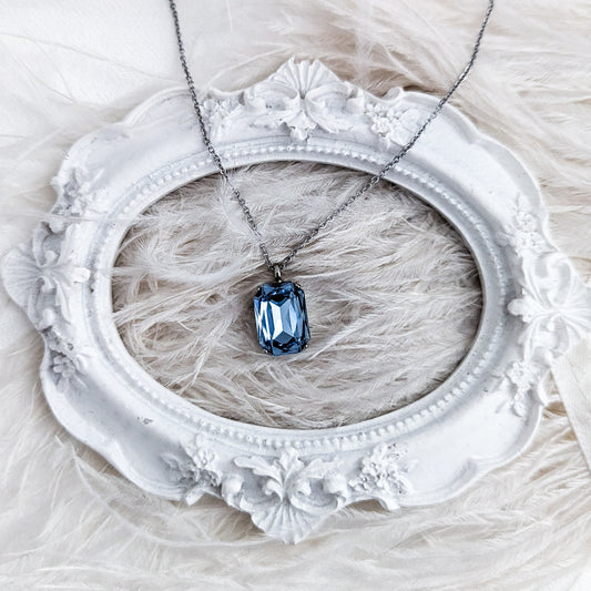 Light dusty blue crystal silver emerald cut necklace