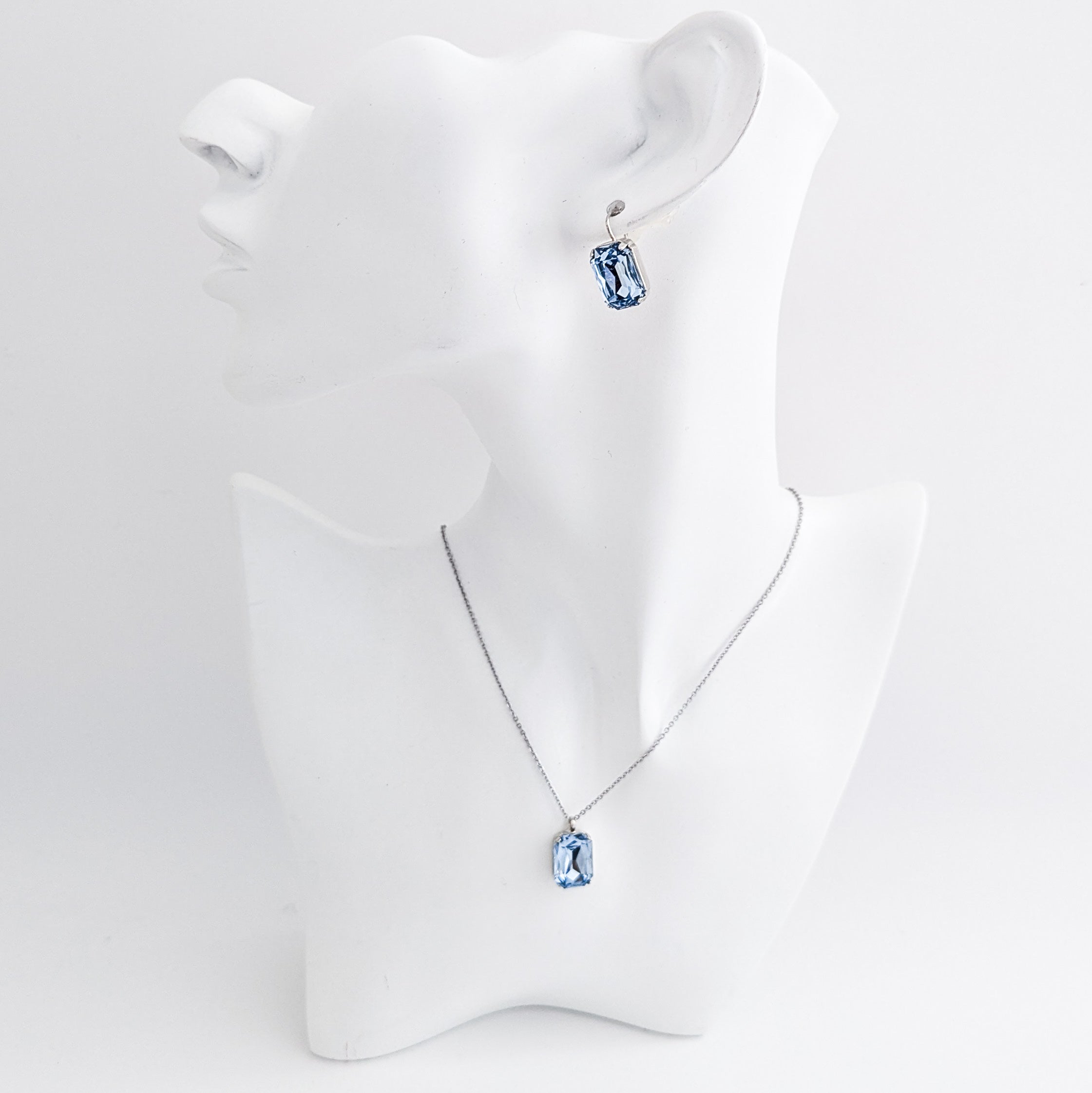 Light dusty blue crystal silver emerald cut drop earrings