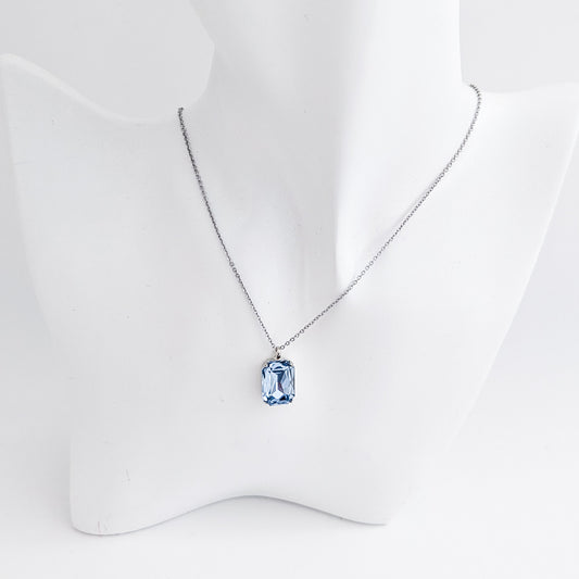 Light dusty blue crystal silver emerald cut necklace