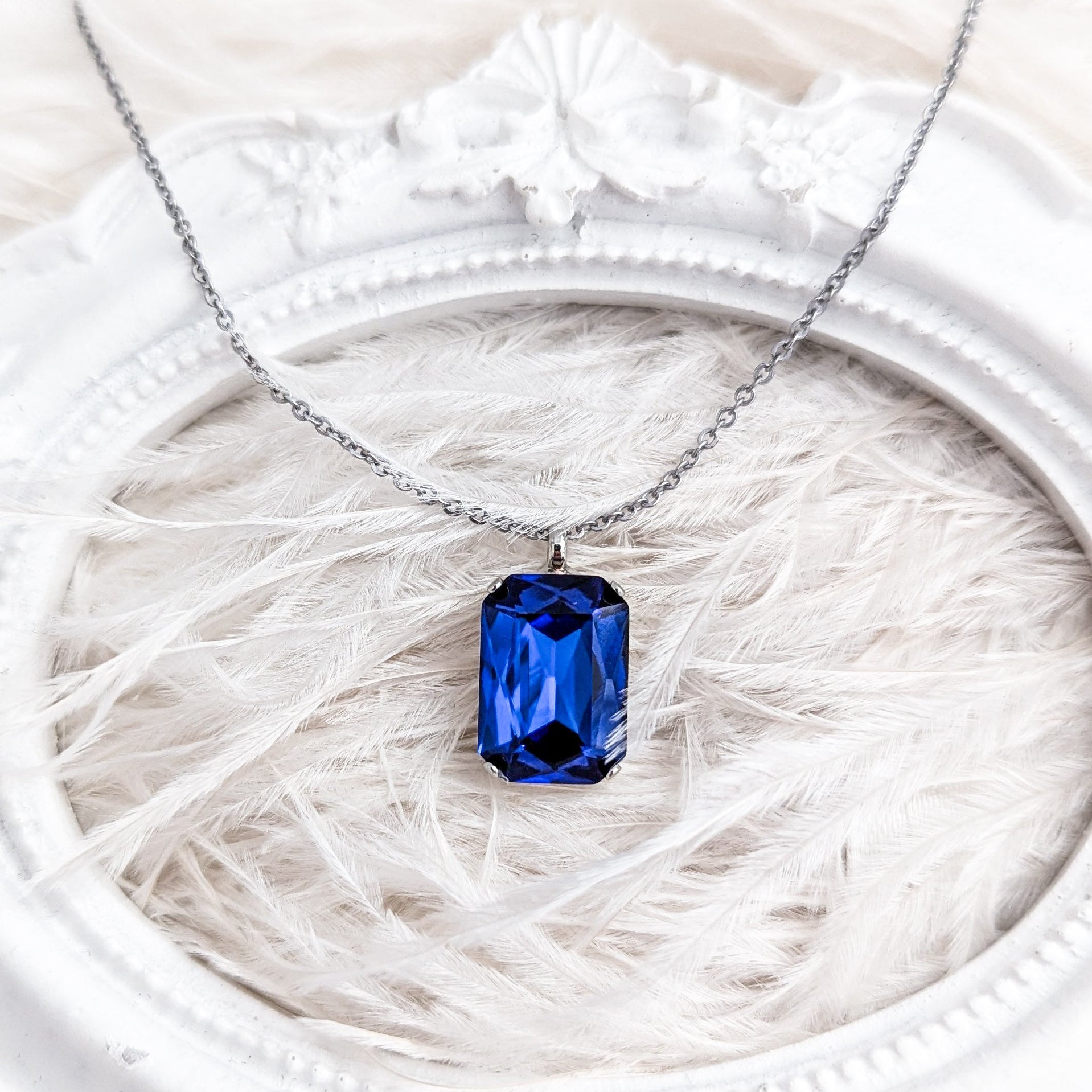 Sapphire blue crystal silver emerald cut necklace