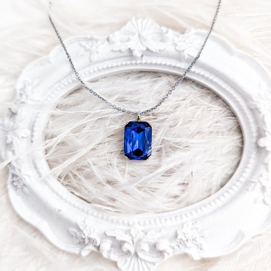 Sapphire blue crystal silver emerald cut necklace