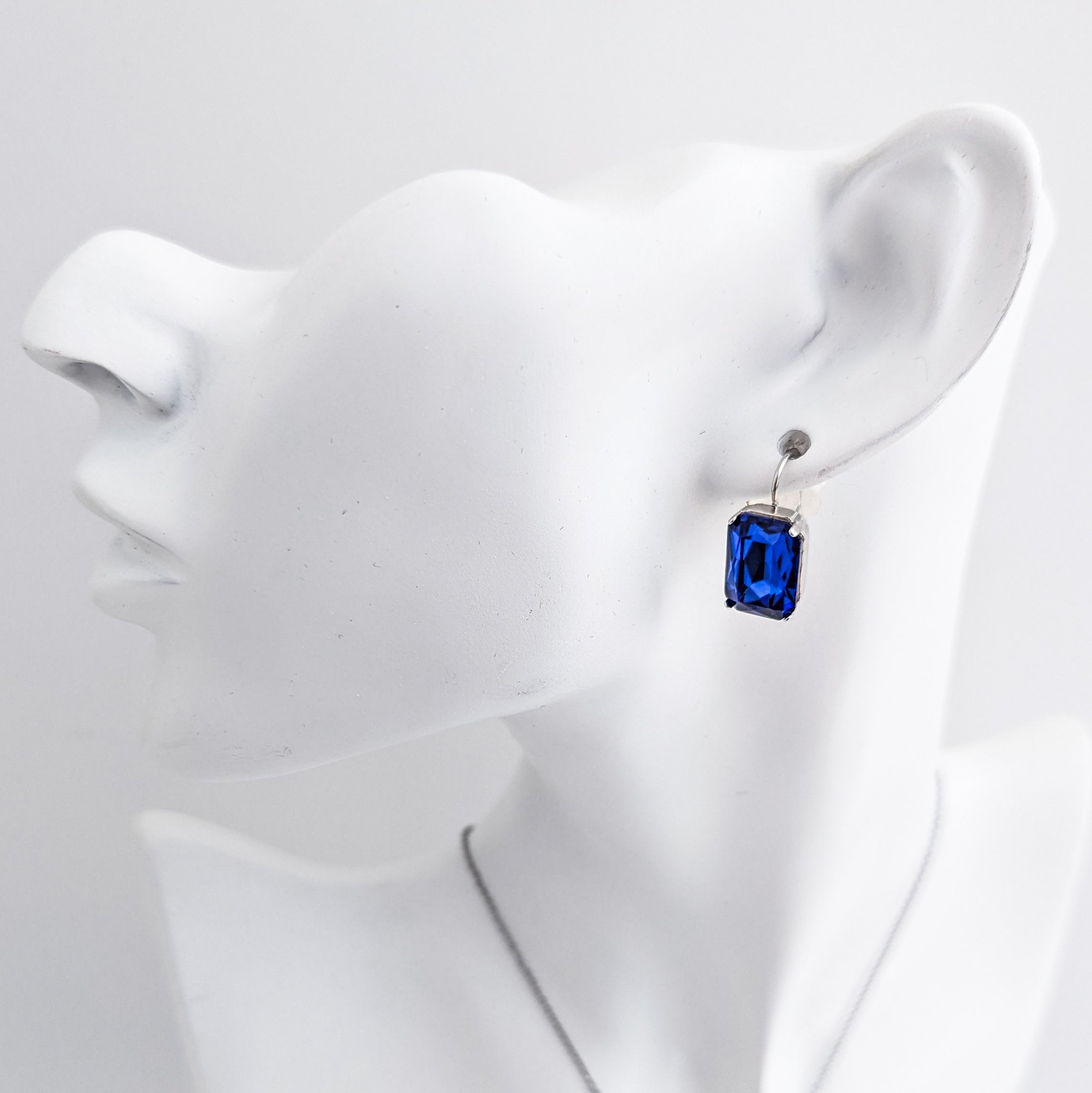 Sapphire blue crystal silver emerald cut drop earrings