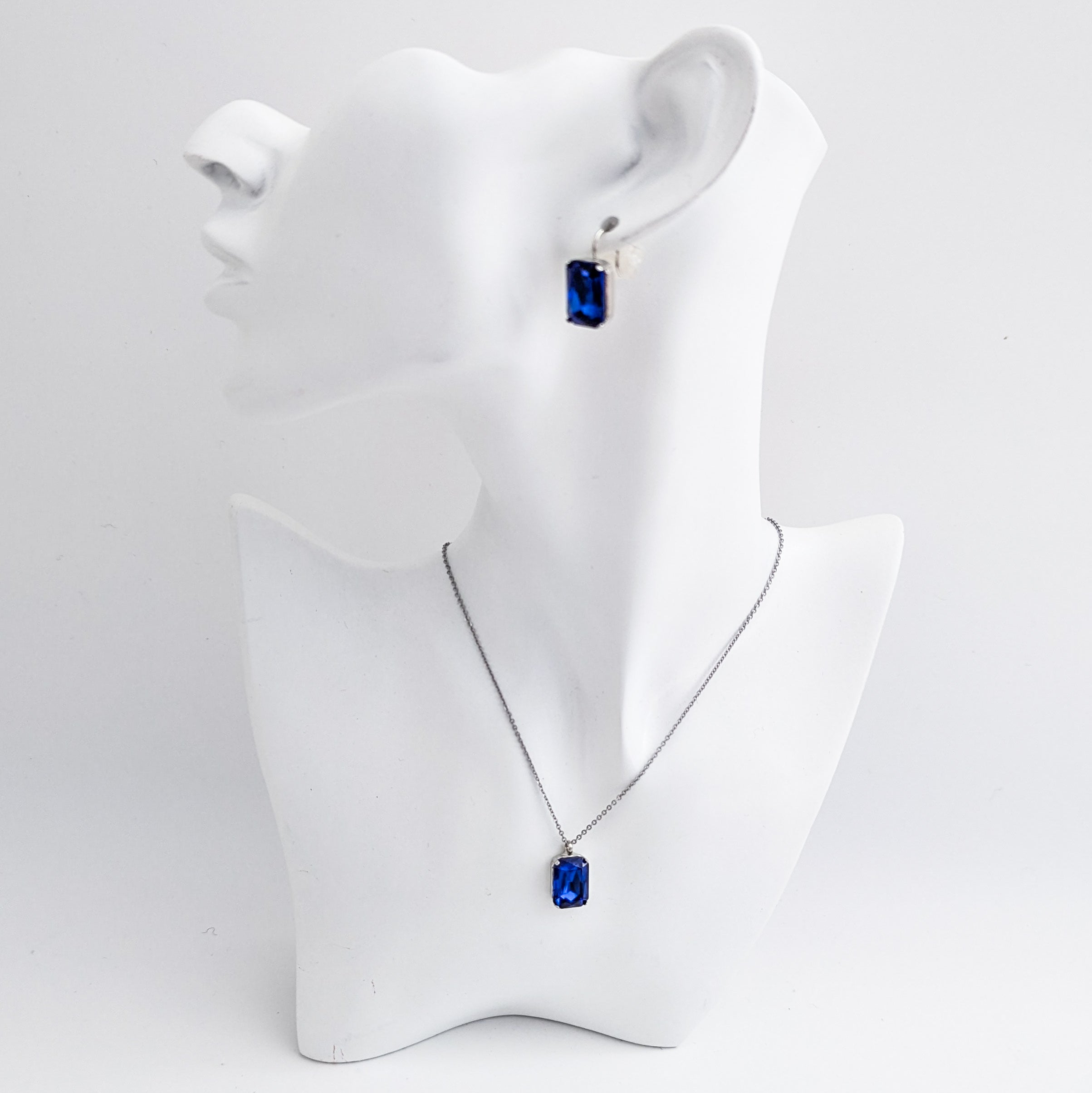 Sapphire blue crystal silver emerald cut drop earrings