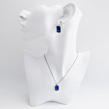 Sapphire blue crystal silver emerald cut drop earrings