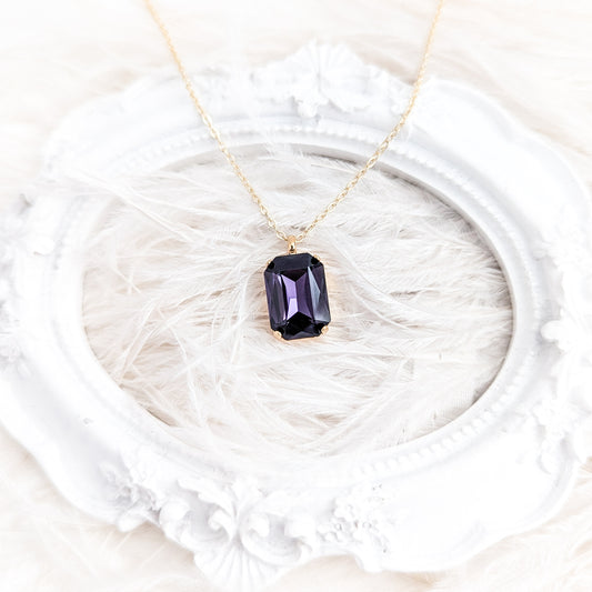 Deep amethyst purple crystal gold emerald cut necklace