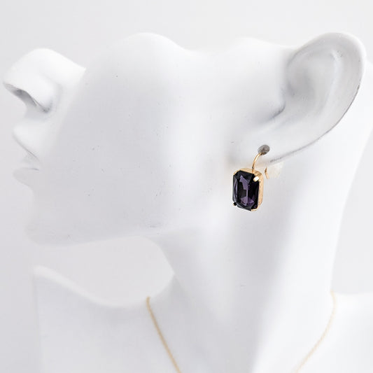 Deep amethyst purple crystal gold emerald cut drop earrings