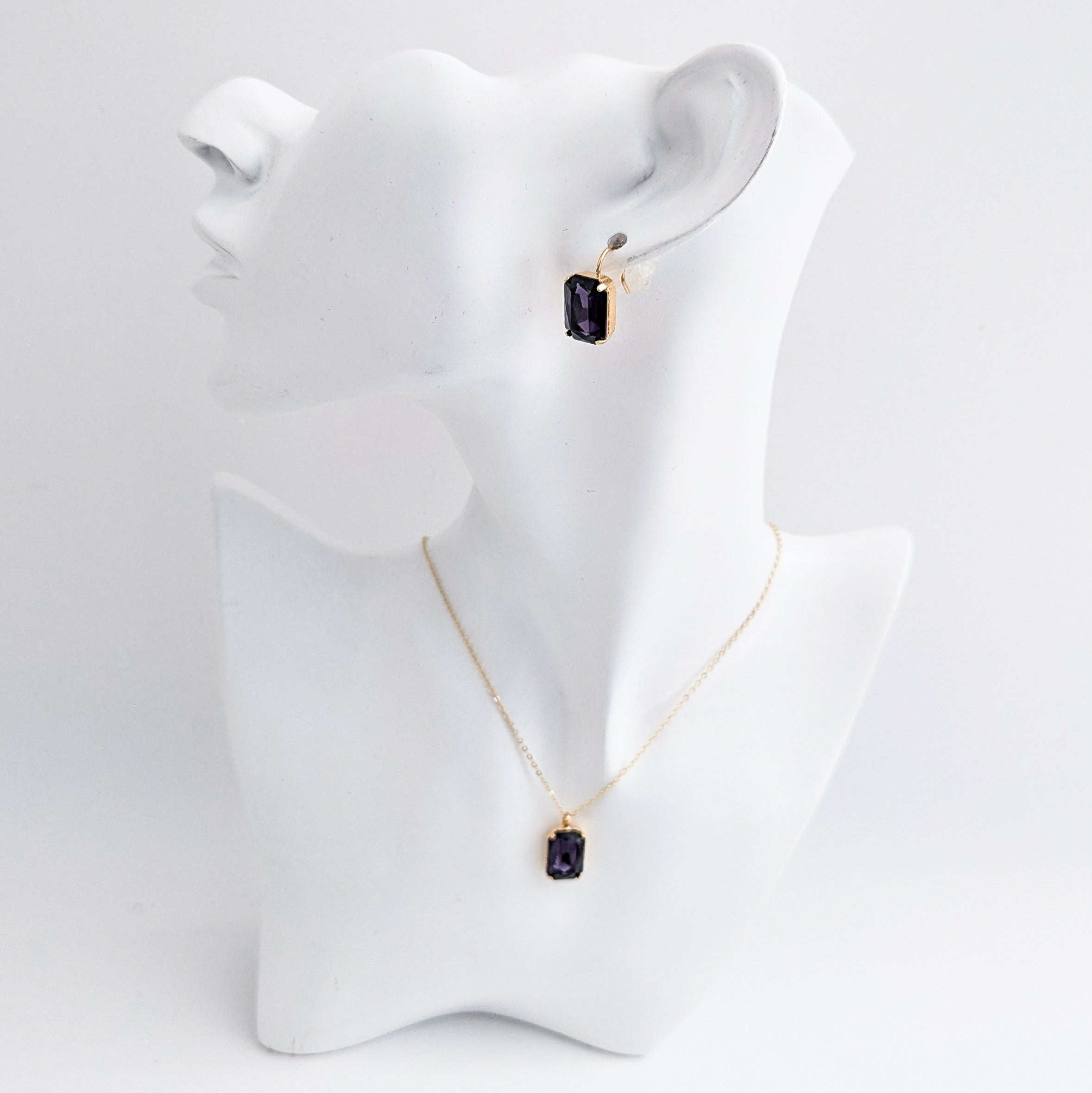 Deep amethyst purple crystal gold emerald cut necklace