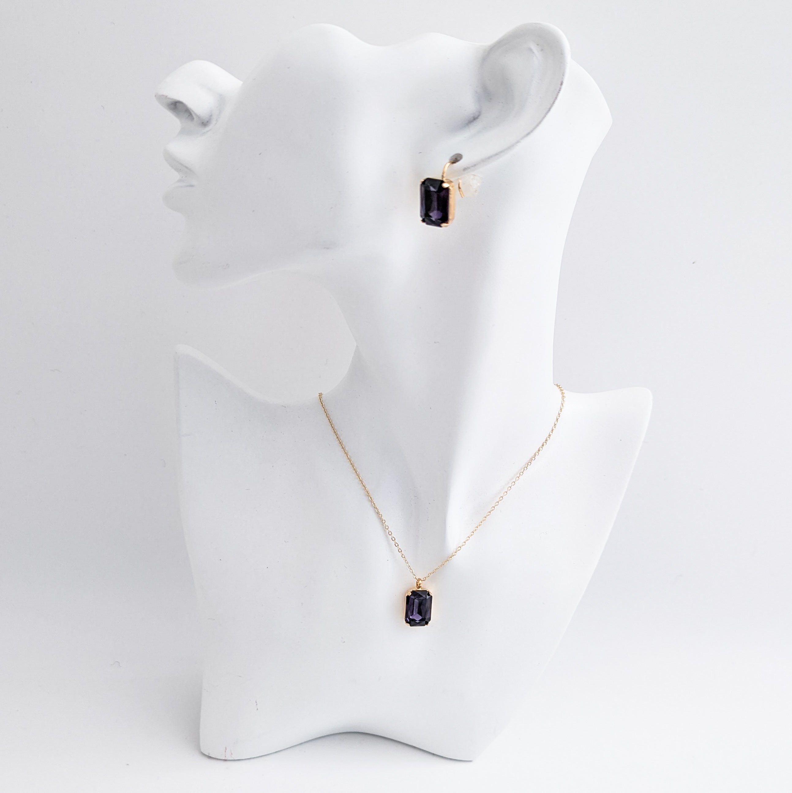 Deep amethyst purple crystal gold emerald cut necklace