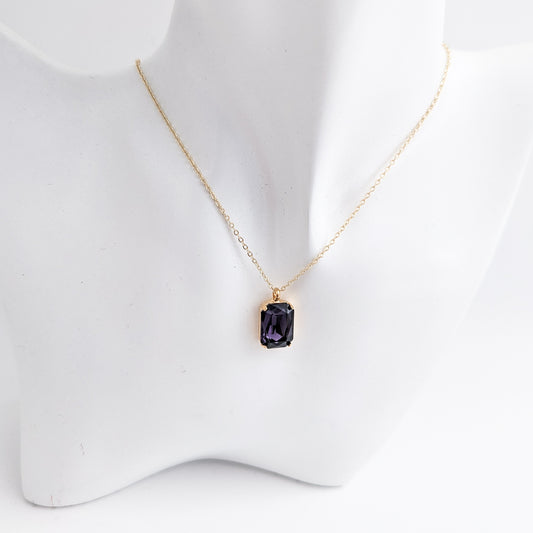 Deep amethyst purple crystal gold emerald cut necklace