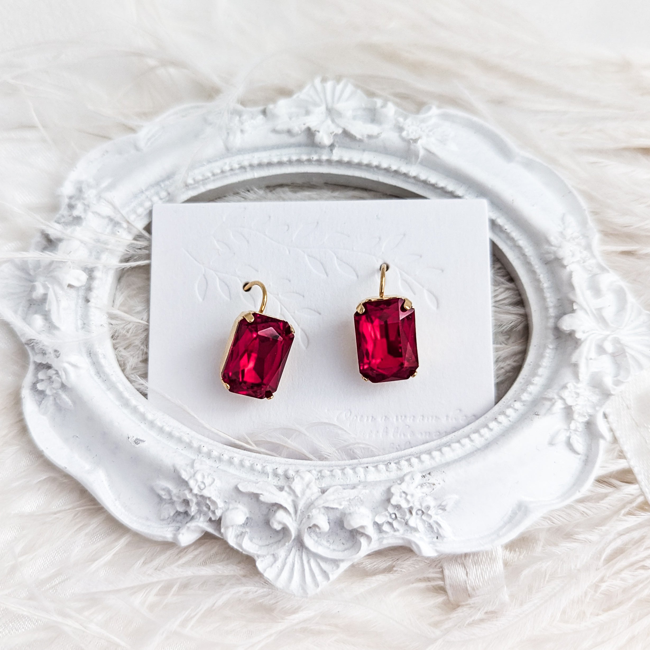 Red crystal gold emerald cut drop earrings