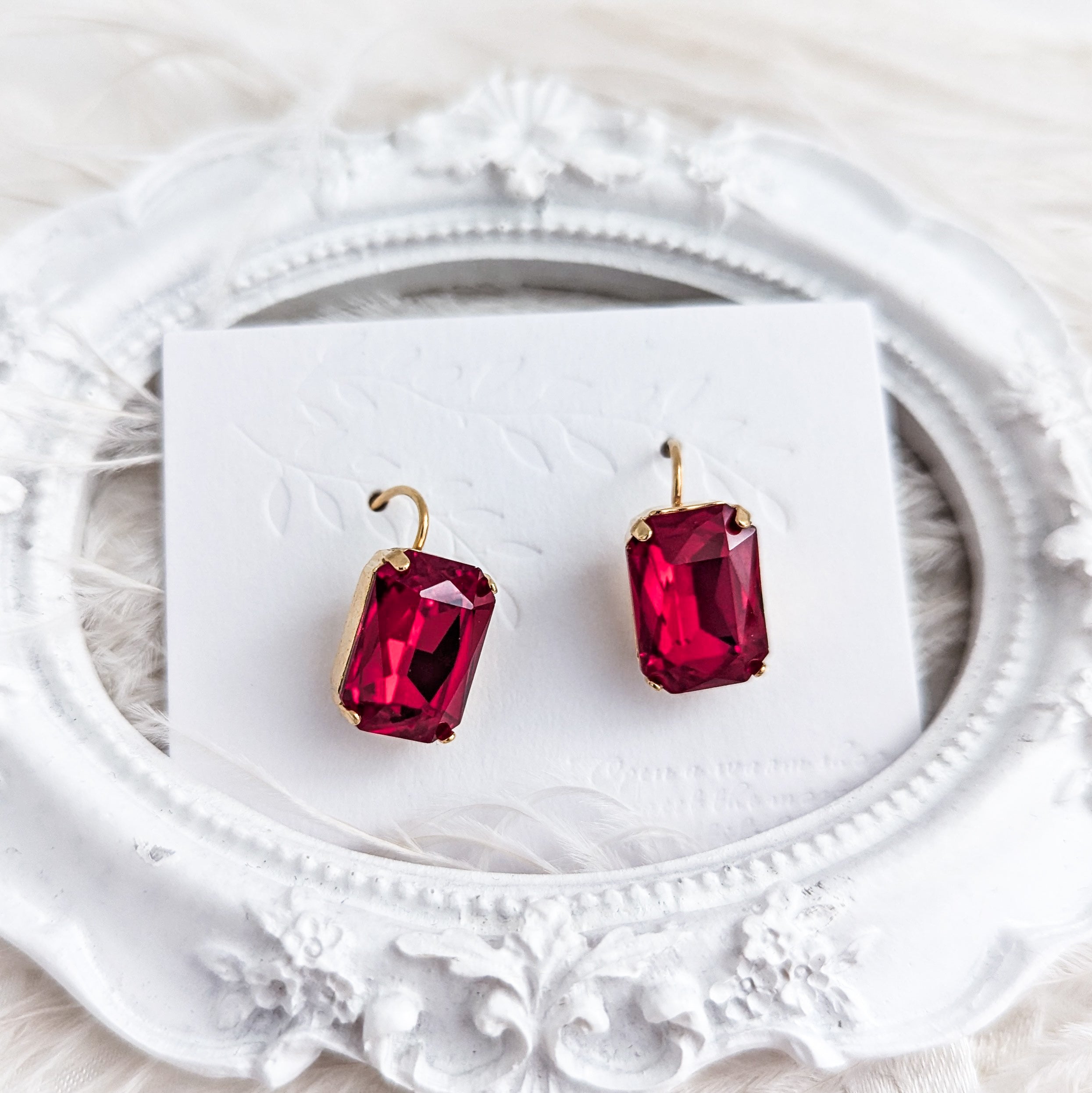 Red crystal gold emerald cut drop earrings