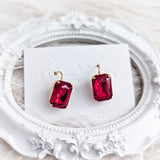 Red crystal gold emerald cut drop earrings