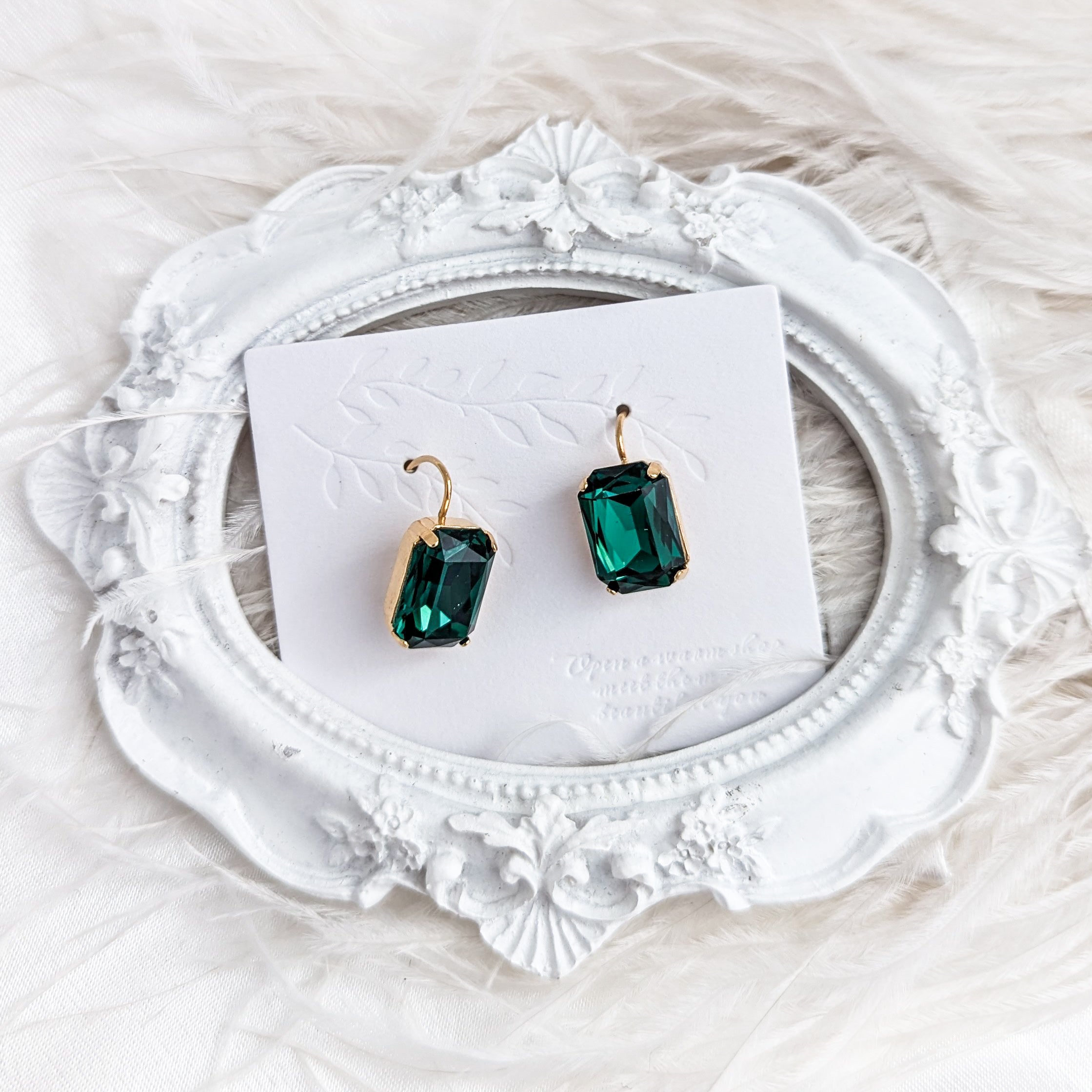 Emerald green crystal gold emerald cut drop earrings