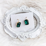 Emerald green crystal gold emerald cut drop earrings