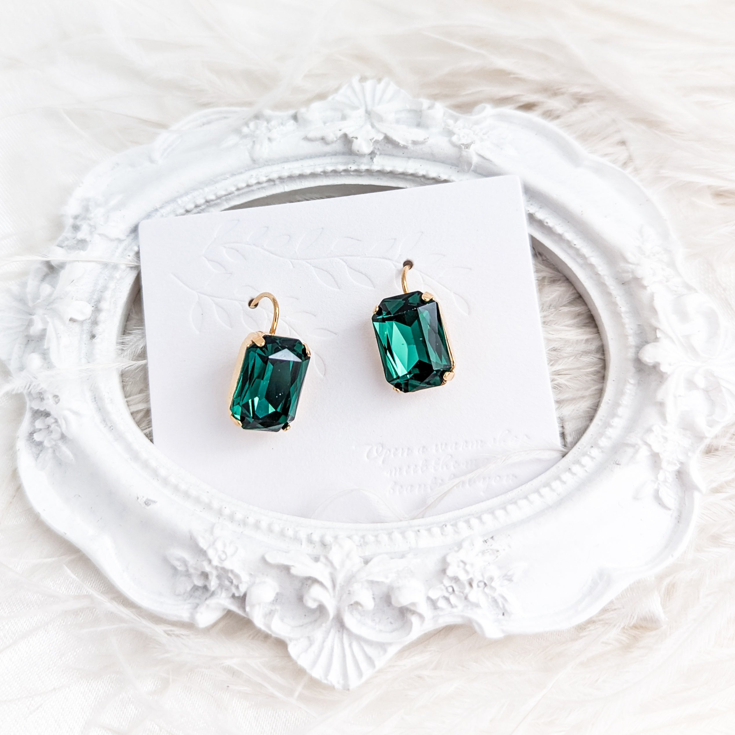 Emerald green crystal gold emerald cut drop earrings