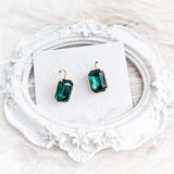 Emerald green crystal gold emerald cut drop earrings