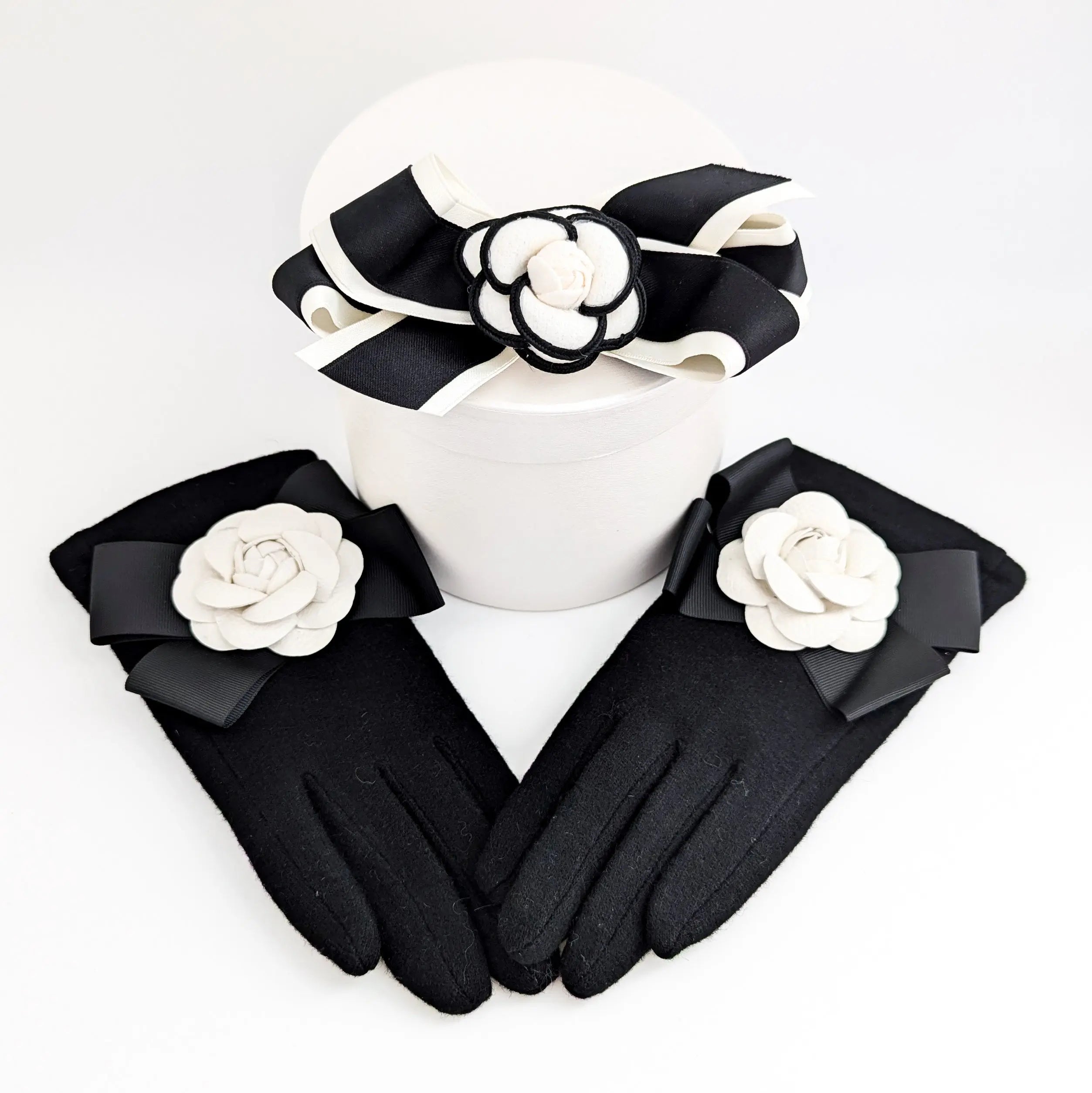 Black white camelia flower bow soft winter touch screen gloves House of Hats