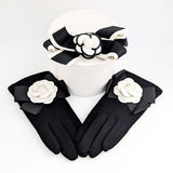 Black white camelia flower bow soft winter touch screen gloves House of Hats