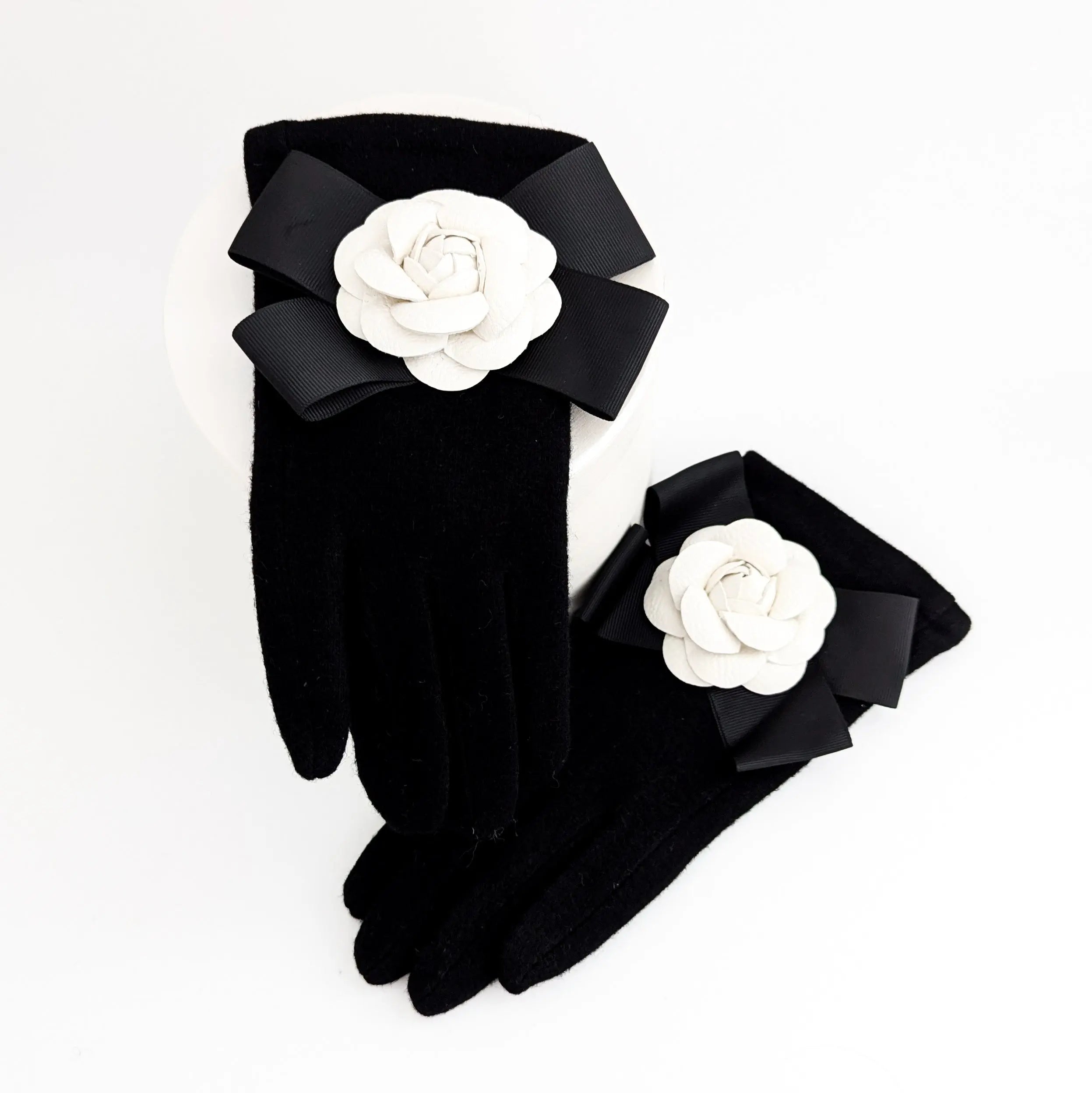 Black white camelia flower bow soft winter touch screen gloves House of Hats