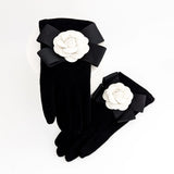 Black white camelia flower bow soft winter touch screen gloves House of Hats