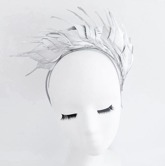Silver metallic shimmer feather headband fascinator