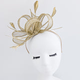 Gold shimmer feather fascinator hat House of Hats