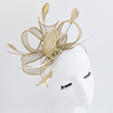 Gold shimmer feather fascinator hat House of Hats