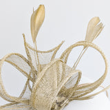 Gold shimmer feather fascinator hat House of Hats