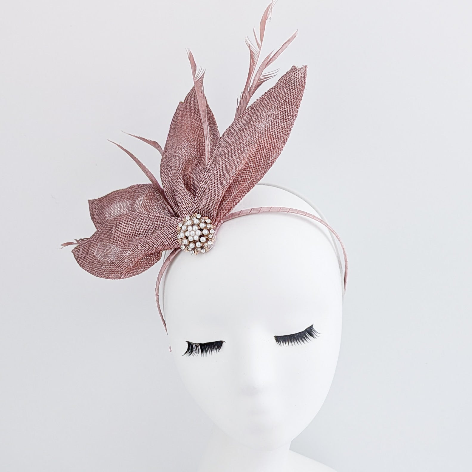 Rose gold shimmer feather petal fan fascinator hat