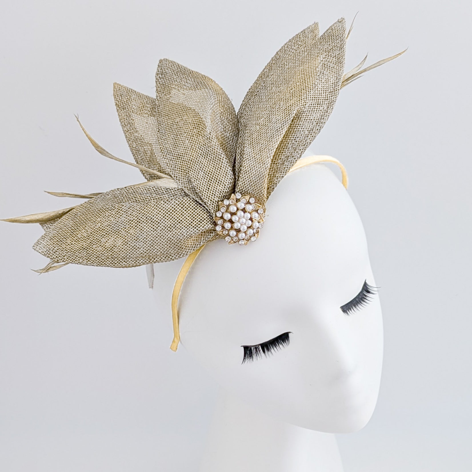 Gold shimmer feather petal fan fascinator hat