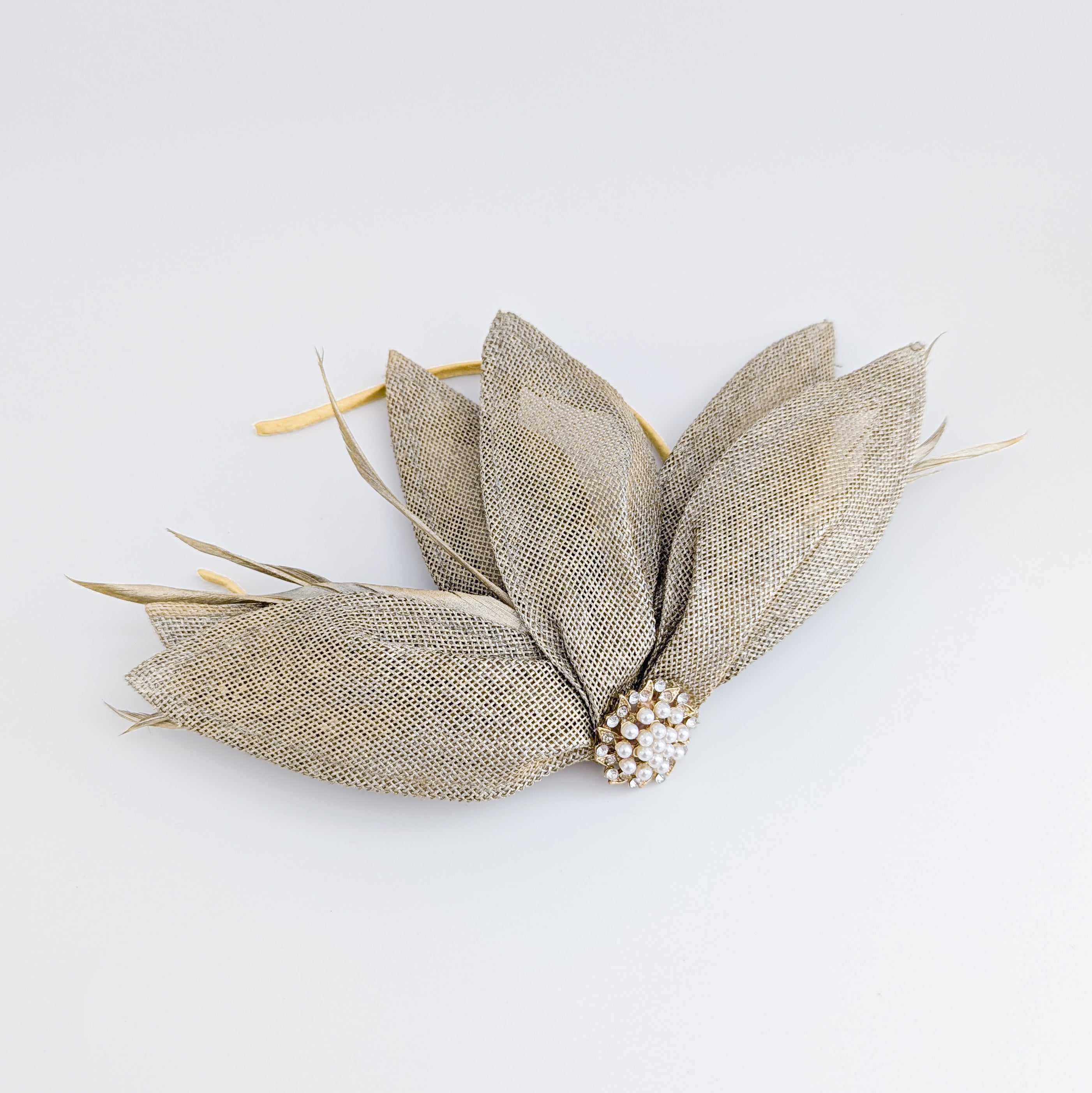 Gold shimmer feather petal fan fascinator hat
