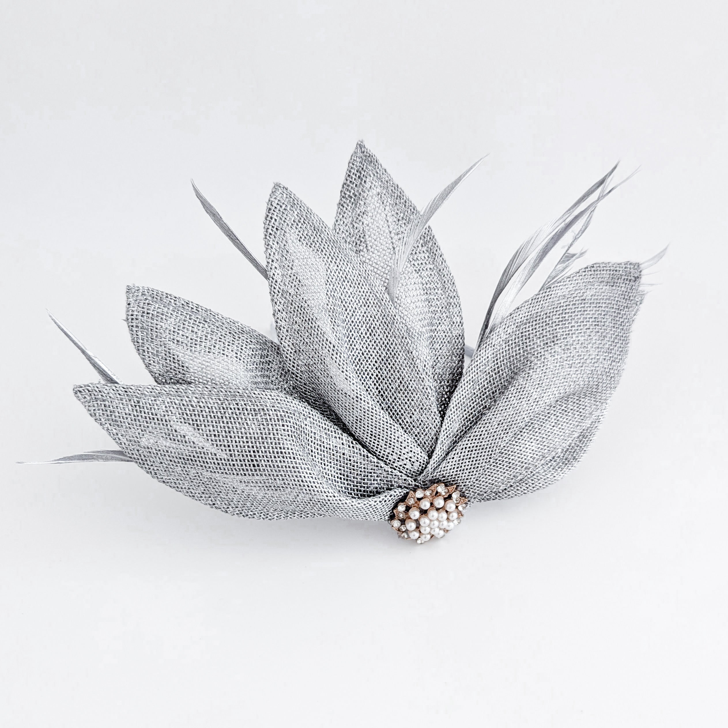 Silver shimmer feather petal fan fascinator hat
