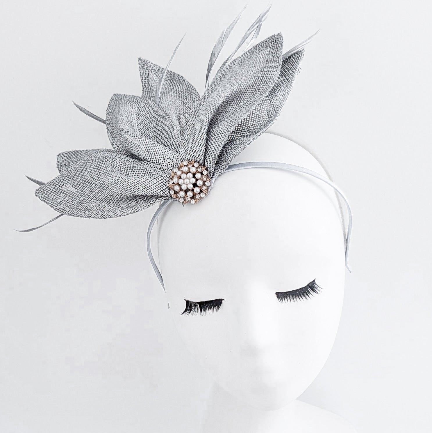 Silver shimmer feather petal fan fascinator hat