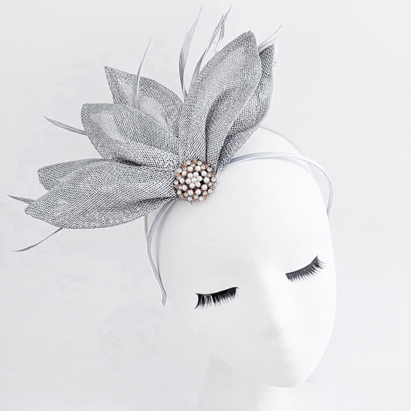 Silver shimmer feather petal fan fascinator hat
