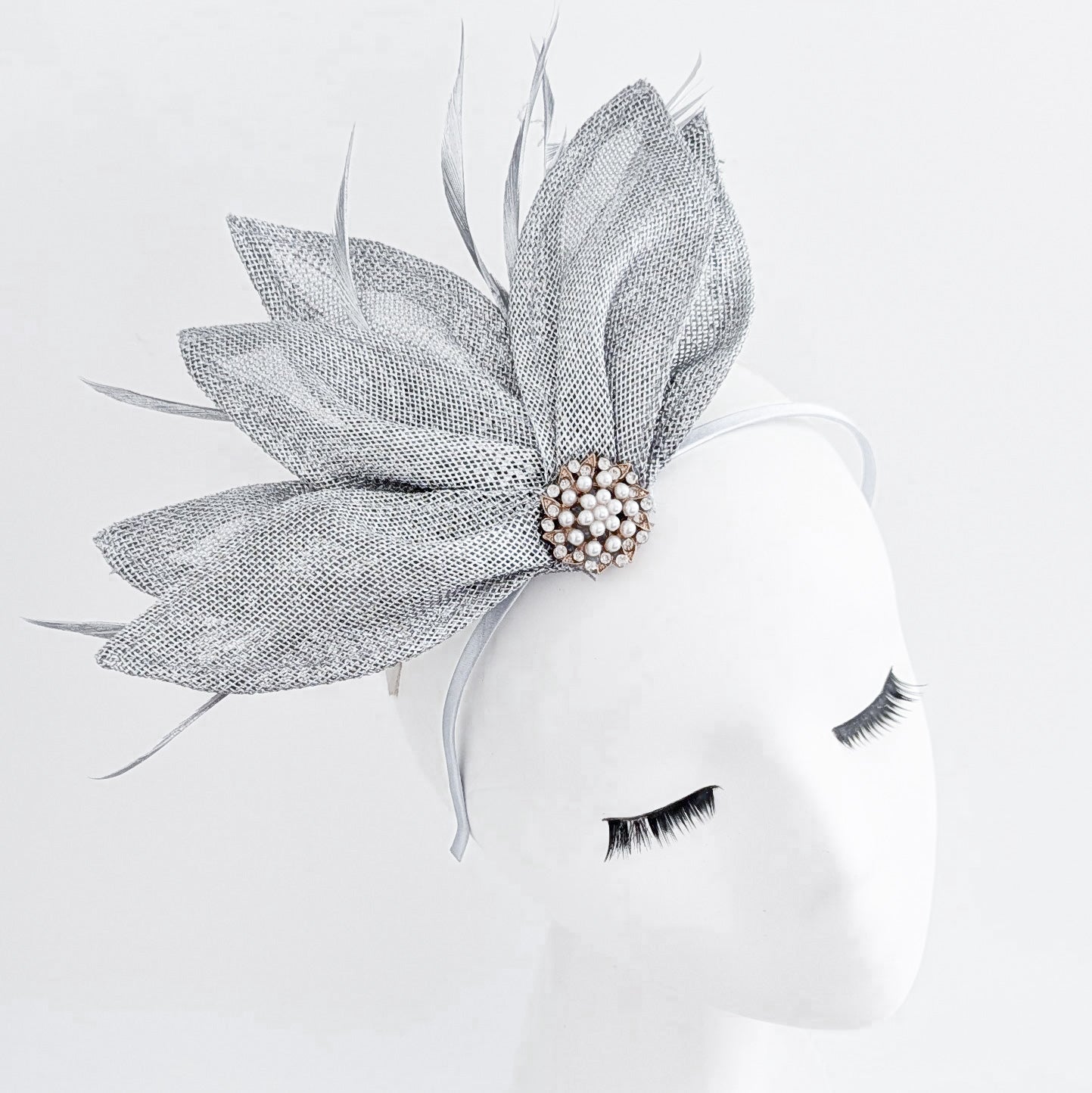 Silver shimmer feather petal fan fascinator hat