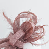 Rose gold shimmer crystal feather fascinator hat