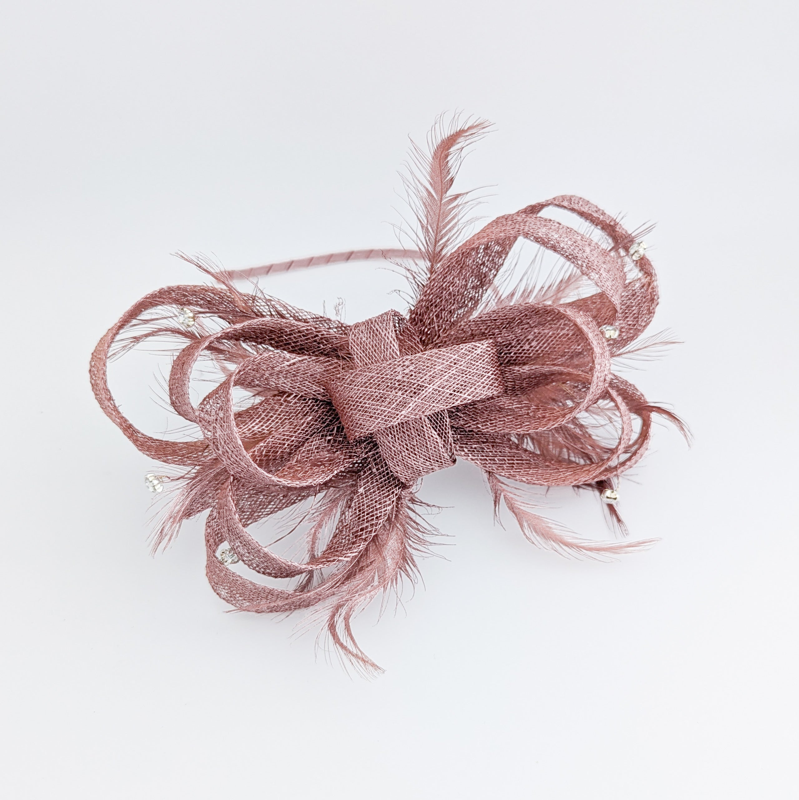 Rose gold shimmer crystal feather fascinator hat