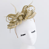 Gold shimmer crystal feather fascinator hat