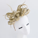 Gold shimmer crystal feather fascinator hat