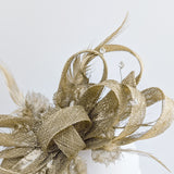 Gold shimmer crystal feather fascinator hat