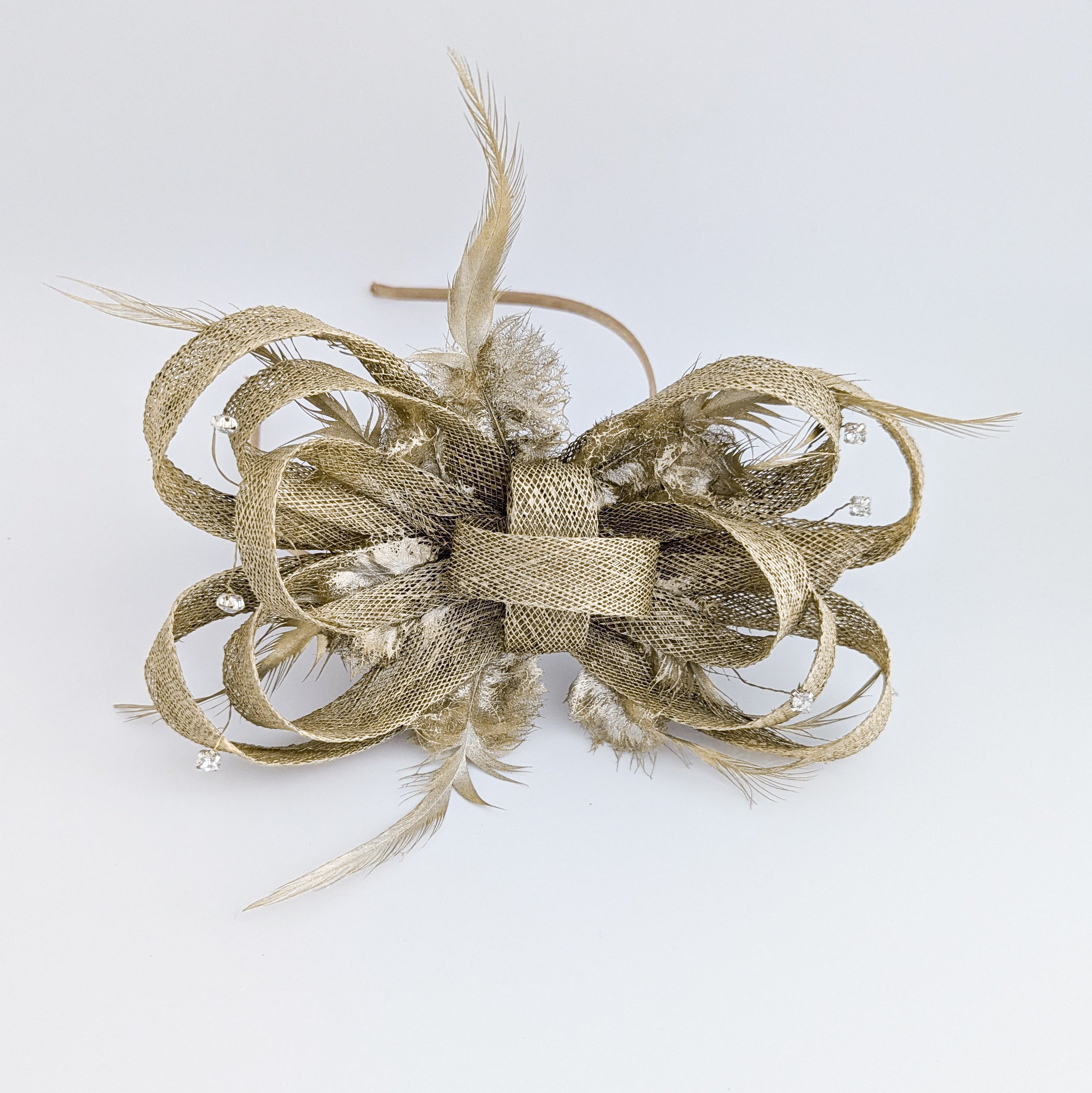 Gold shimmer crystal feather fascinator hat