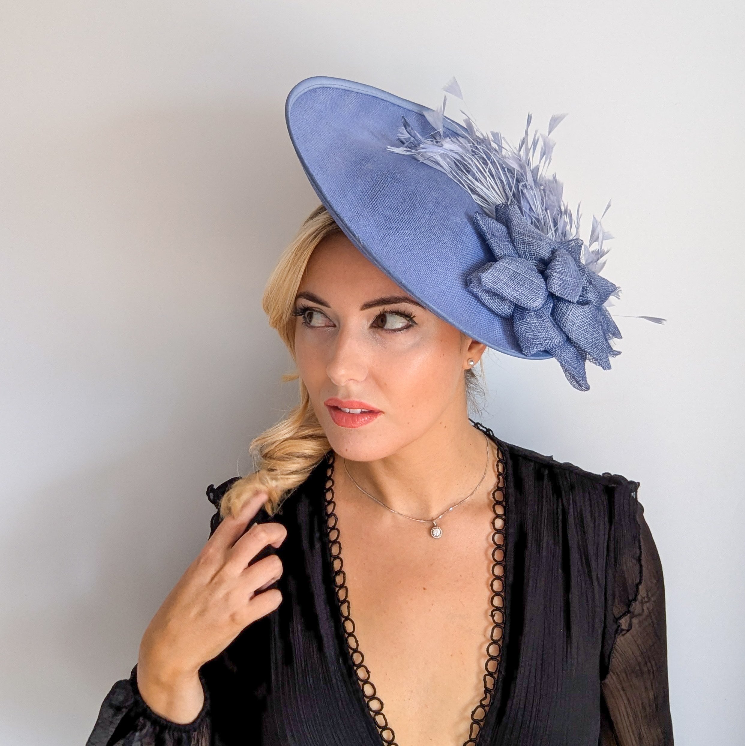 Dusty violet purple large feather disc fascinator hat